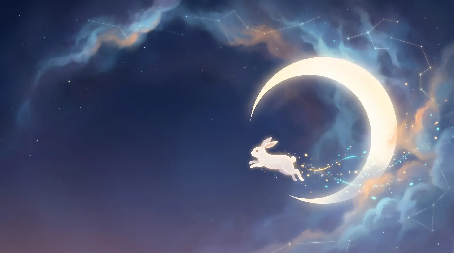 The moon-rabbit of Hareloom Studios, leaping past a crescent moon through a field of stars.